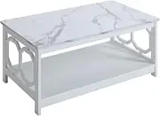 [Convenience Concepts] Omega Coffee Table with Shelf, White Faux Marble/White