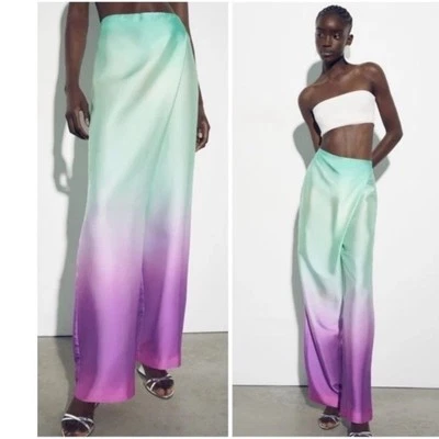 Zara Ombre Satin Pants High Waist Wide Leg Flowy Mint Purple Side Zip XS NWT