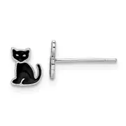Sterling Silver Rh-Plated Polished Black Enameled Cat Post Earrings