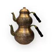 Copper Teapot Set, Turkish Double Tea Kettle Embroider Ottoman Style Arabic