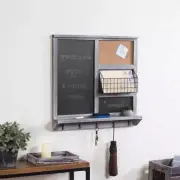 Wall Mounted Gray Wood Chalkboard/Cork Board w/ Mail Basket, Shelf & 5 Key Hooks