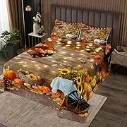 Happy Thanksgiving Kids Bedspread King Size,Fall Harvest Pumpkin Sunflowers Autumn Coverlet Set,Boys Girls Room Decor,Wooden Plank Rustic Quilted Coverlet,Brown Orange Bedding Quilt,2 Pillowcases