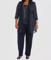 R&M Richards Women's Blue Metallic Necklace Top, Pants, Jacket Set Plus Size 20W
