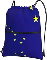 EdWal Alaska State Flag Print Drawstring Backpack Gym Bags Sports Bags With Zipper Pocket For Travel Swimming Beach, Black, One Size