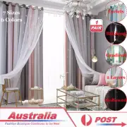 2 Layers Gradient Starry Stars Tulle+Blackout Curtains Boys Girls Room Decor AU