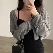Long Sleeve Ribbed-Knit Light Crop Cardigan / Spaghetti Strap Mini Bodycon Dress Cardigan - Gray - M