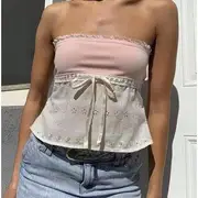 Color-Block Floral Embroidered Lace-Trim Tube Top Pink - M