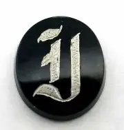 Antique Onyx Oval Stone Silver Encrusted Initial" I " 14 mm x 12.5 mm #P532