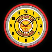 15" SHELL Motor Oil & Gasoline Sign Red Double Neon Clock Gas Station Man Cave