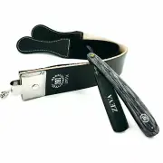 MEN BEARD WET WOODEN STRAIGHT EDGE RAZOR + LEATHER SHARPENING STROP SHAVING SET