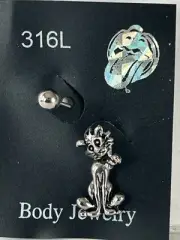 NWT Silver Tone Cat Dangle Navel Belly Button Ring Body Jewelry
