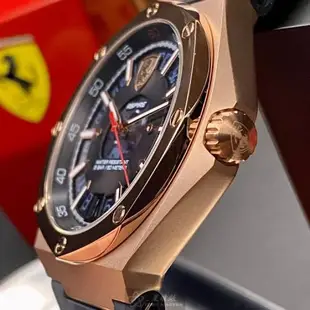 FERRARI 法拉利男女通用錶 44mm 玫瑰金八角形精鋼錶殼 深藍色鏤空, 中三針顯示, 運動錶面款 FE00054