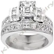 3.07 Ctw Asscher Cut Diamond Engagement Bridal Set H, VS1 GIA Center