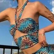Leopard Print Cut-Out Halter Top Blue - S
