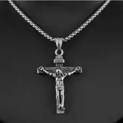 Silver & Titanium Plated Cross of Jesus Christ Necklace w/ Stainless Steel Chain
