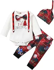 [ROMOZ] 3 Piece Christmas Outfit Newborn Long Sleeve Romper + Pants + Hat Baby Christmas Outfit Newborn Red Winter Suit Warm Style(6Mois)