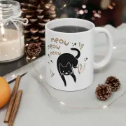 WHITE Ceramic COFFEE Mug, 11oz, Black Cat, MEOW