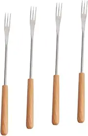 Set of 4 Long Handle Cheese Forks Stainless Steel Fondue Butter Fork Wooden Handle for Marshmallow Roasting
