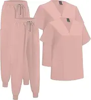 [ThreeH] 2 Pcs Womens Medical Scrub Set Classic V-Neck Top & Yoga Jogger Pants Nursing Uniform for Healthcare Beauty Salon Pet Shop