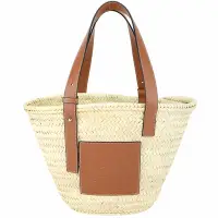 在飛比找Yahoo奇摩購物中心優惠-LOEWE Basket 中型 棕櫚葉拼小牛皮編織包 托特包