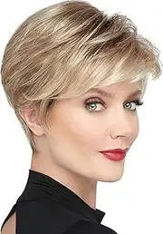 Becus Blonde Wig Short Women's Pixie Cut Fluffy Synthetic Wig Short Hair Blonde Ombre Dark Root Layered Hair with Fringe Wigs for Women Daily Use (Ash Blonde)