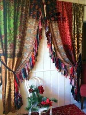 4 Pc Indian Old Recycle Silk Saree Curtain Door Drape Decor Curtain With Valance