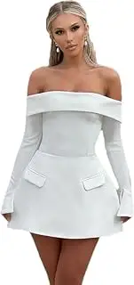 [RanRui] Aline Sexy one-Word Shoulder Slash Neck Slim Fit Bodycon Mini Dress with Pocket A Swing Dress, White, Small