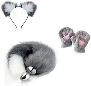Fox Tail Anal Butt Plug & Ear Set Sex Toys for Beginner, Women, Men, Couple & Cosplay (Gray-White Full Set)