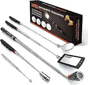 Telescoping Magnetic Pickup Tool Set with 1 & 15 lb Pick Up Sticks, Round and Square 360 Swivel Adjustable Inspection Mirror and Flexible LED Flashlight, Valentines Day Gifts for Him, Men, Kids