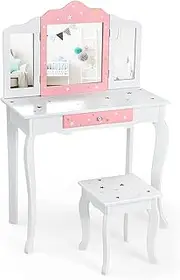 HONEY JOY Kids Pretend Play Vanity Set, 2-in-1 Wooden Princess Makeup Dressing Table w/Stool & Drawer, Multifunctional Vanity Set w/Tri-Folding Mirror, Detachable Top, Anti-toppling Device for Bedroom