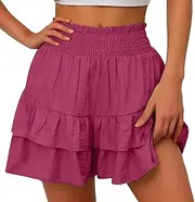 [Olivcker] Casual Ruffle Shorts High Waist Bermuda Shorts Trendy Flowy Shorts Summer Holiday Beach Pleated Mini Skirt