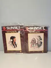 Sunset Stitchery Crewel Pair Of American Indian Chief & Princess Kits NOS