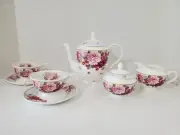 NEW Stechcol Peony Strawberry Blue Teapot Creamer Sugar Bowl Lid Teacups Saucers