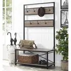 Gray Rustic Metal Wooden Hall Tree Storage Stand Entryway Bench Coat Rack Hooks