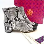 Tory Burch Shelby Boots Snake Print Patent Leather Cap Toe Block Heel Sz 8