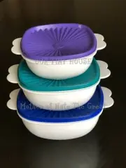 Vintage Tupperware Servalier Bowl SET White Butterfly Handles Blue Teal Purple