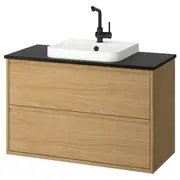 ÄNGSJÖN / BACKSJÖN wash-stnd w drawers/wash-basin/tap, oak effect/black marble effect, 102x49x71 cm