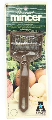 Vintage ACME Gourmet Mincer w/ 10 Stainless Steel Blades #5618-SP Brown USA NOS