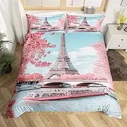 Erosebridal Kids Eiffel Tower Comforter Cover Paris Romantic Theme Full Bedding Set,Pink Cherry Blossoms Printed Decor Duvet Cover Girls Woman Cityscape Lake View Bed Cover,Soft