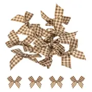 10Pcs Mini Gingham Ribbon Bow 1.5" Checkered Fabric Satin Brown and Light Yellow