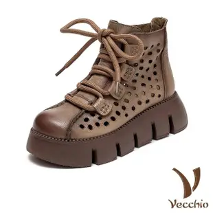 【Vecchio】真皮馬丁靴 厚底馬丁靴/真皮頭層牛皮復古縷空繫帶厚底個性休閒馬丁靴(卡其)