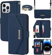 Cavor Crossbody Wallet Case for iPhone 14 Pro Case (6.1") Flip Cover Magnetic Leather Women Handbag Card Slots Holder Zipper Kickstand Purse with Detachable Shoulder Necklace Lanyard Strap-Navy Blue