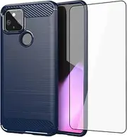 [Asuwish] Phone Case for Google Pixel 5 with Tempered Glass Screen Protector Cover and Slim Thin Soft TPU Mobile Film Cell Accessories Protective Pixel5 5G Pixle Five G5 Women Men Carbon Fiber Blue