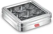 AVIAS 9 Square Stainless Steel Spice Box with Glass Lid/Dry Fruit Cum Spice Box with 9 Containers/Masala Dani for Kitchen/Masala Box for Kitchen/Rust Resistant Steel Organiser/Plain, Large, Silver
