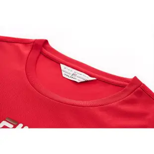 【FILA官方直營】女吸濕排汗拼接格紋短袖圓領T恤-紅色(5TEY-1742-RD)