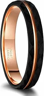 [Frank S.Burton] 4mm 6mm 8mm Black Tungsten Rings for Men Women 24K Rose Gold Line Faceted Wedding Bands Ring Brushed Matte Finished Comfort Fit Size 5-14