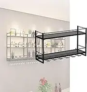 Wine Rack Wall Mounted Bar Shelves with Hanging Wine Glass Rack Liquor Bottle Display Shelf with LED Light Floating Bar Shelves Kitchen Wall Cabinet for Countertop Home Bar Cafe Ki