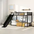 Metal Bunk Bed Frame Twin over Twin w/ Slide Ladder Guardrail Kids Teens Bedroom