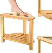 Uandhome Corner Shower Stool for Inside Shower,Waterproof Bamboo Shower Foot Rest for Shaving Legs,Shower Stool Shower Bench for Inside Shower with Storage Shelf for Small Shower Spaces