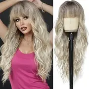 Blonde Wig with Bangs Long Wavy Ombre with Dark Roots Wigs for White Women Blonde Wigs with Bangs Heat Resistant Synthetic Hair Wig for Women